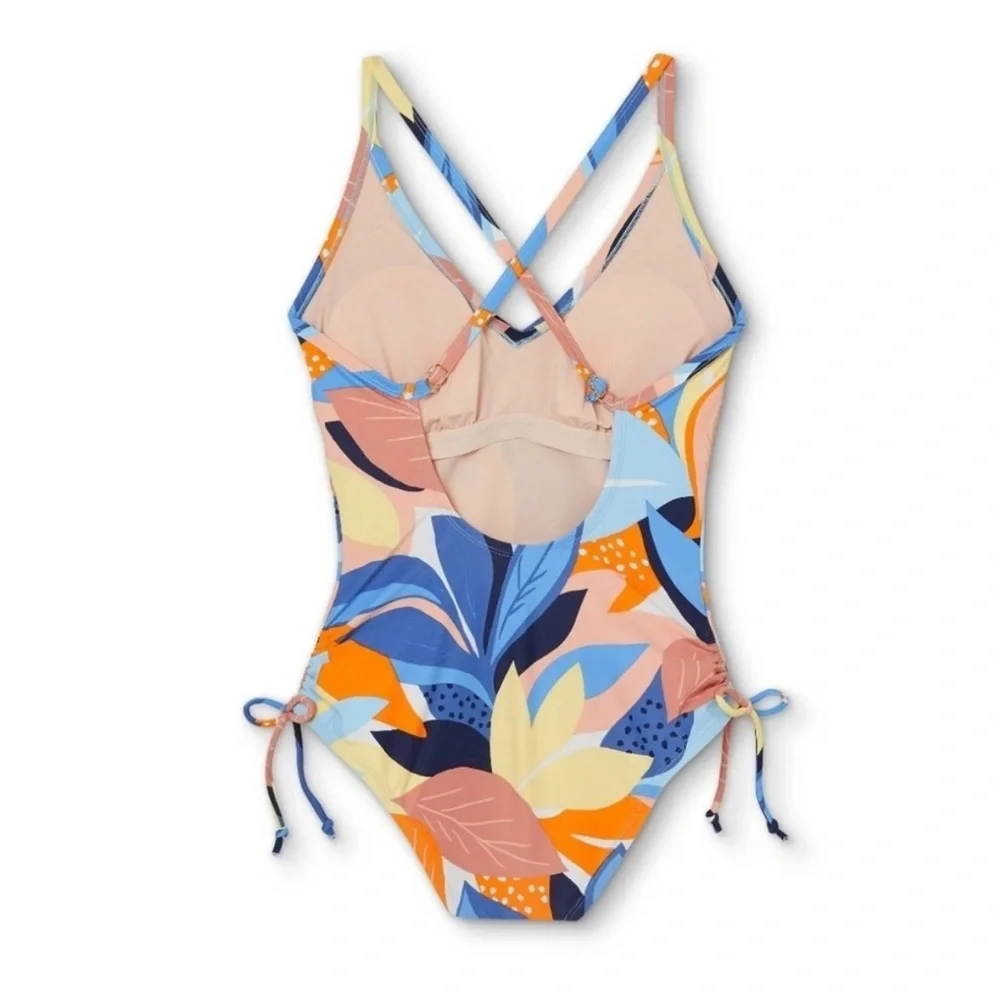 Kona Sol XL Criss Cross Floral Leaf Print V-Neck One-Piece Swimsuit - Multicolor